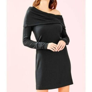Lilly Pulitzer Dress Solid Black Off Shoulder Stretch Draped Neckline XS